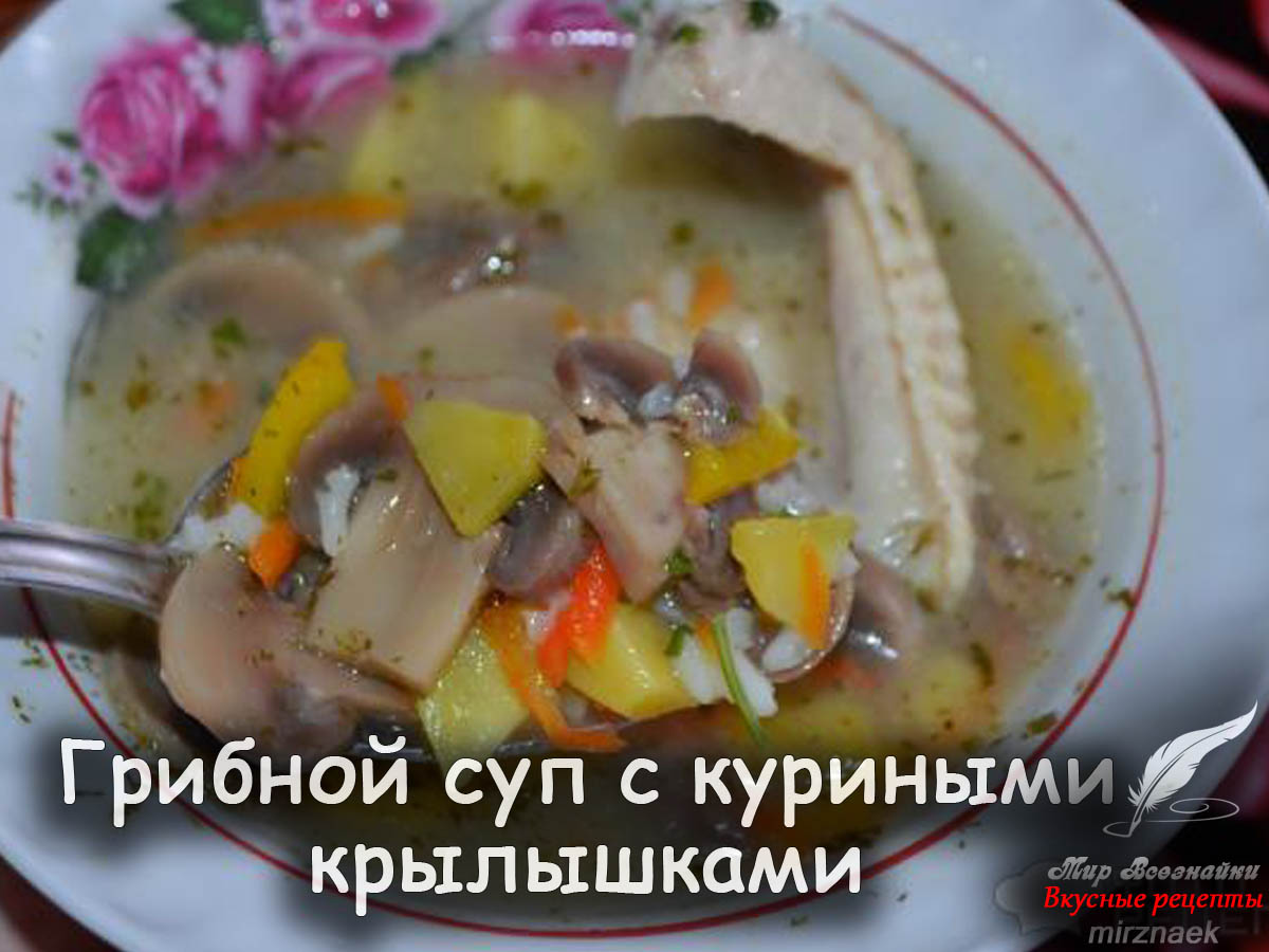 Рецепт ароматного грибного супа с куриными крылышками